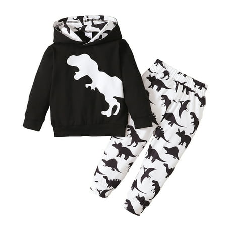 

4T Baby Boy Clothes Baby Boy 2PCS Outfits Long Sleeve Dinosaur Print Hooded Tops Pants Set Black 3-4T Baby Boy Fall Clothes