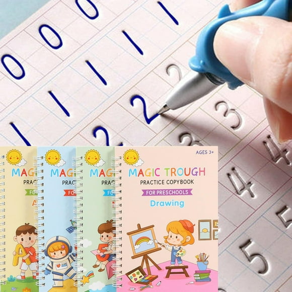 DTREEL 4 Pc Magic Practice Copybook,Reusable Grooved Writing Books,Handwriting Book Practice for Kids,Grooved Kids Writing Preschool for Kids Ages 3-8 Calligraphy (4pc+Pen)