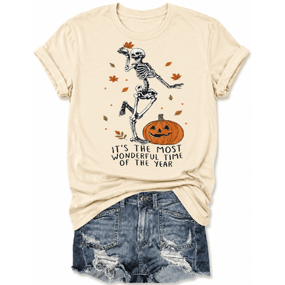 GODMERCH Its The Most Wonderful Time Of The Year Skeleton Cotton Halloween Graphic T Shirt for Women Adults