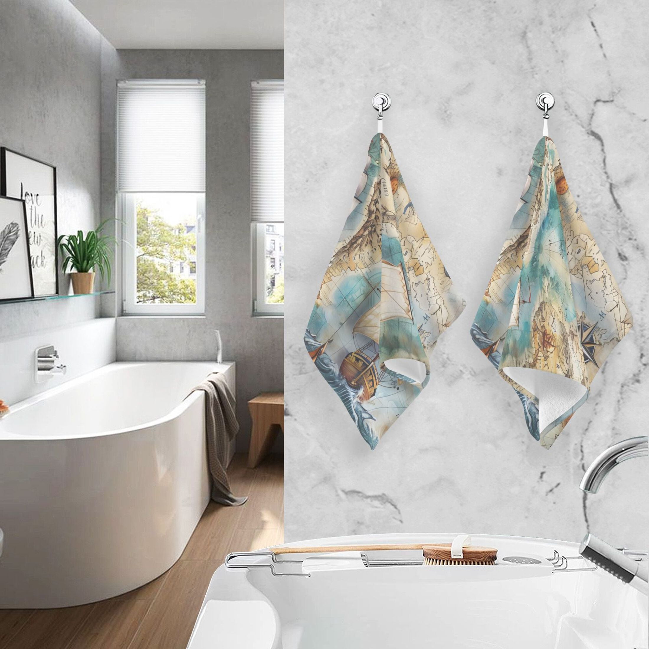 Sailing Ship and Nautical Chart 2 Pcs Hand Towel Set Cotton Absorbent Soft Face Towels Bath Towels for Bathroom Kitchen Shower Hotel Decor 16"x28"
