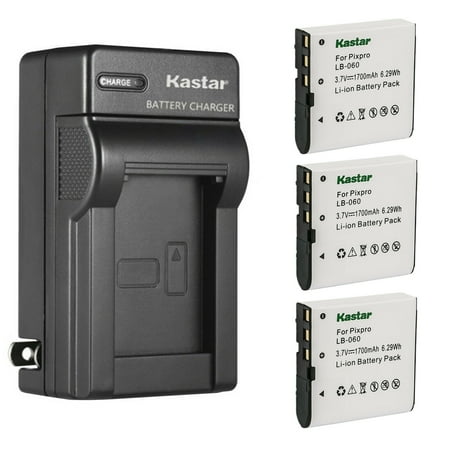 Kastar 3-Pack Battery and AC Wall Charger Replacement for Kodak LB-060 LB060 Battery  Kodak AZ251  AZ361  AZ362  AZ365  AZ421  AZ422  AZ425  AZ501  AZ521  AZ522  AZ525  AZ526  AZ527  AZ528 Camera