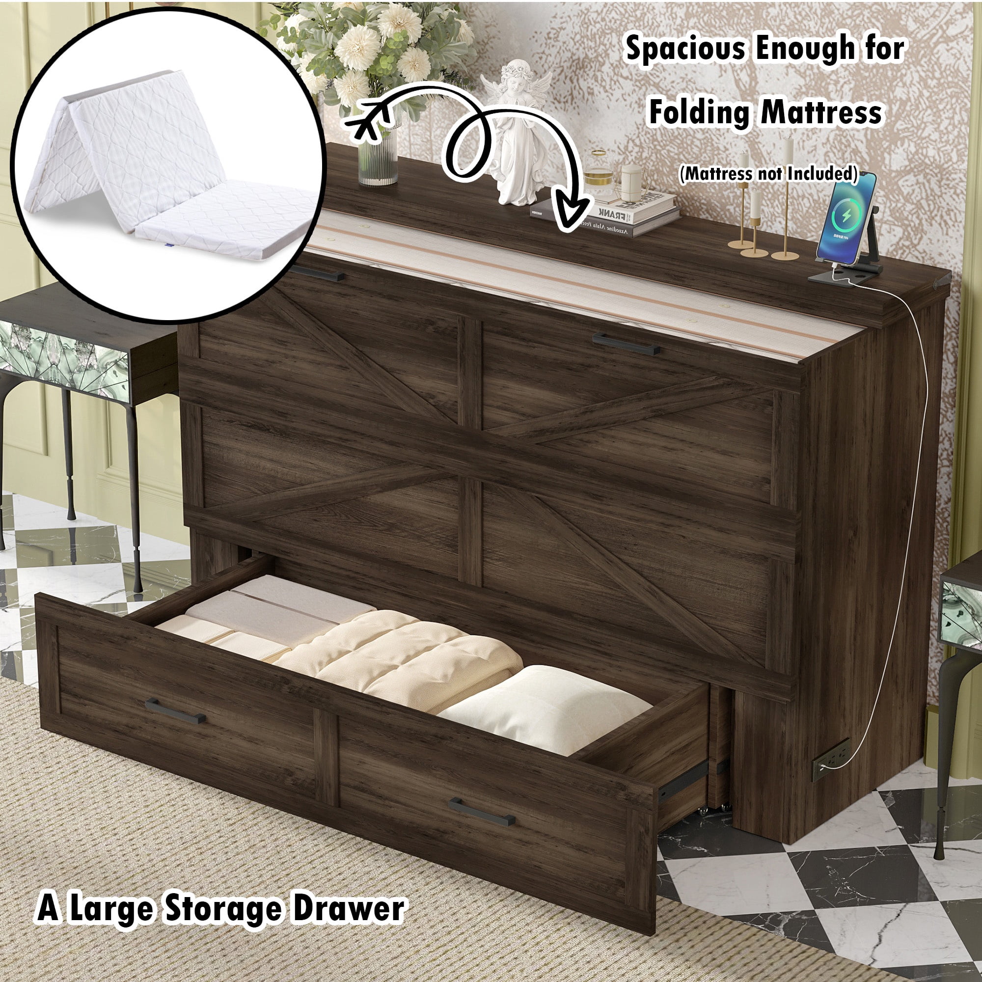 Bellemave Queen Size Farmhouse Murphy Bed Frame with Charging Station and Storage Drawer Foldable Cabinet Platform Bed for Guest Room or Home Office (Queen Size, Rustic Gray)