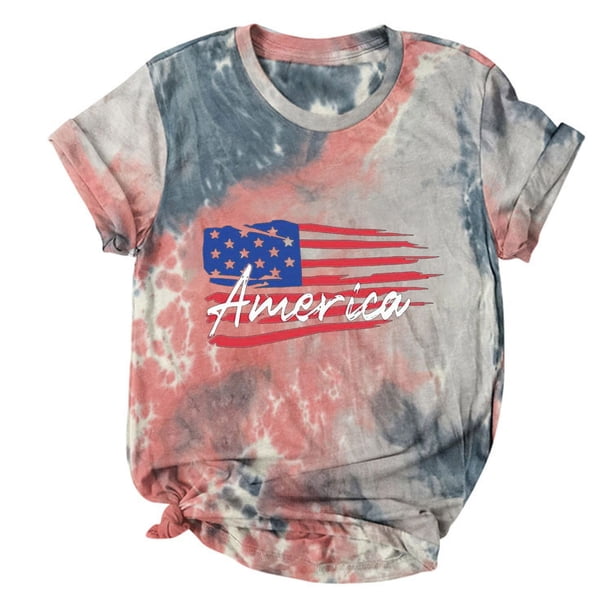 Camiseta de mujer, divertida y linda camiseta de manga corta, camiseta con estampado de bandera del Día de la independencia, camiseta teñida anudada, blusa, regalo para mujer Pompotops hkajfhjk467644