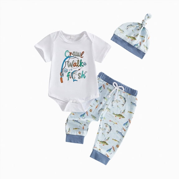 Xyant Newborn Baby Boy Summer Clothes Fishing Short Sleeve Romper Shirt Tops Pants Infant Fall Spring Outfits Cute Hat Set (White,0-3 Months)