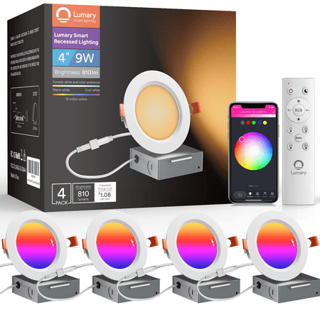 

Lumary 4 Inch Smart WiFi Recessed Lights 9W Smart Recessed Lighting Ultra-Thin and Anti-Glare Trim Smart LED Recessed Light RGBWW with Junction Box Work with Alexa/Google Assistant/BT Controller 4PCS