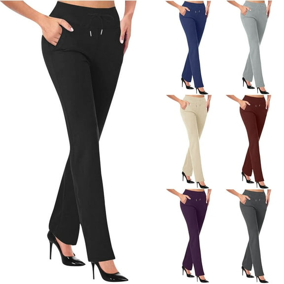 Eryao Women Straight Leg Work Pants Dressy Casual Solid Drawstring Trousers Stretch Slim Fit Yoga Pant High Waist Slacks with Pockets,Beige L