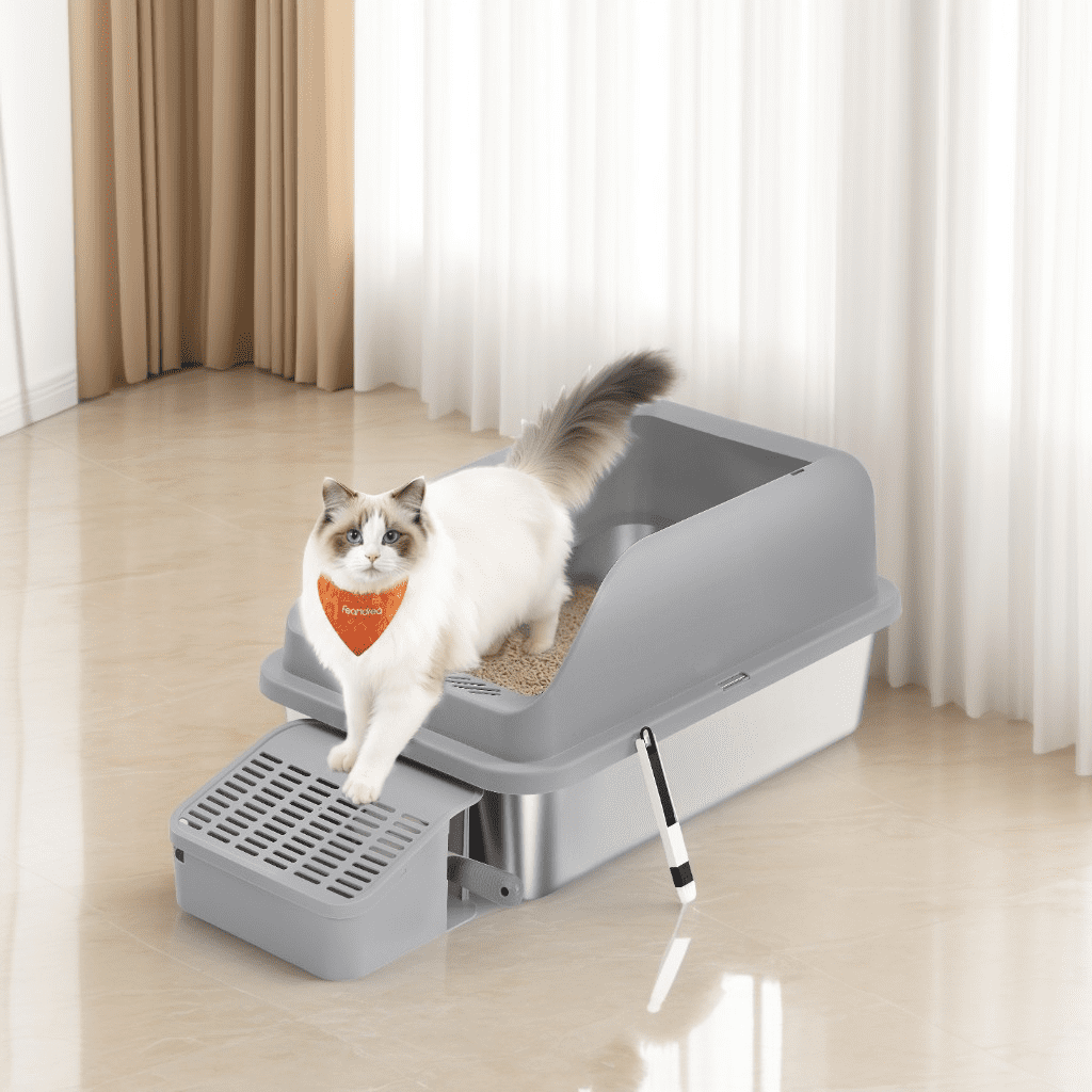 LEDREM Stainless Steel Open Top Cat Litter Box with Step, High-Sided Litter Tray for Cats up to 33 lb, Slate Gray