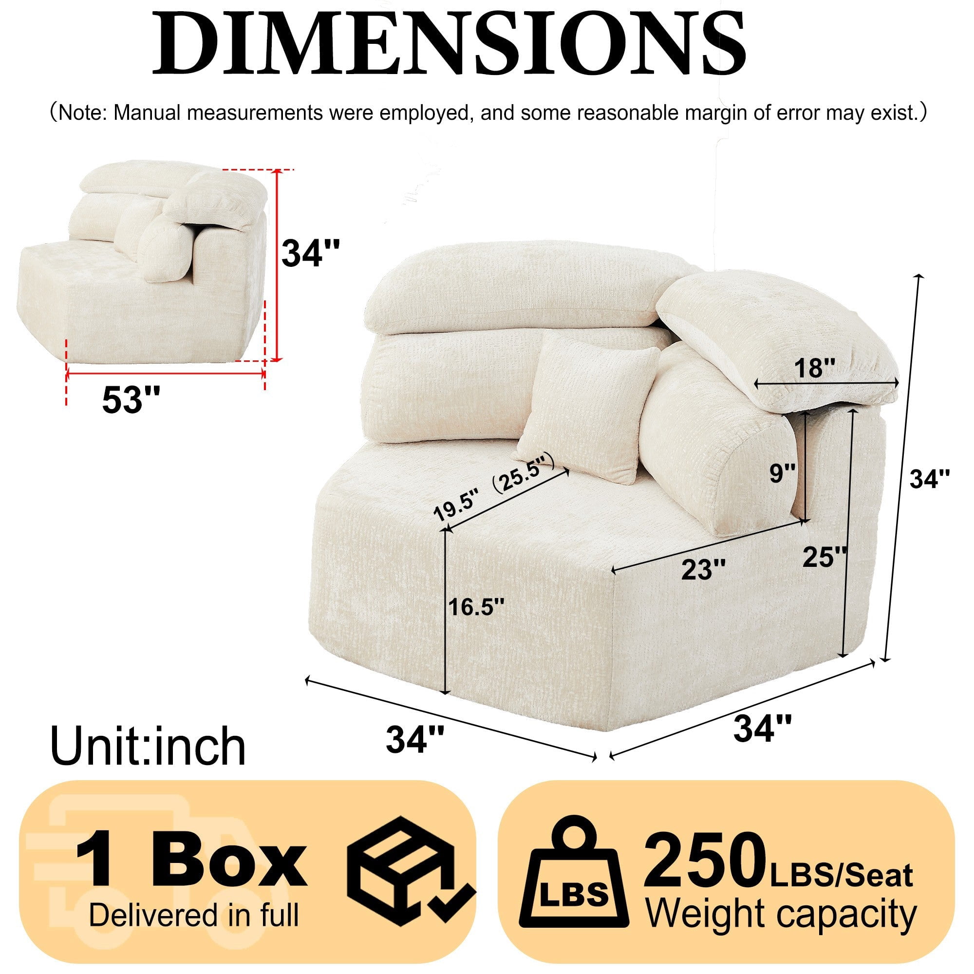 Sailvan 53" Modern Cream Modular Lounge Chair, Pentagonal Chenille Single Seater Cloud Sofa with Enveloping Pillows, Cozy Foam Armchair Beige