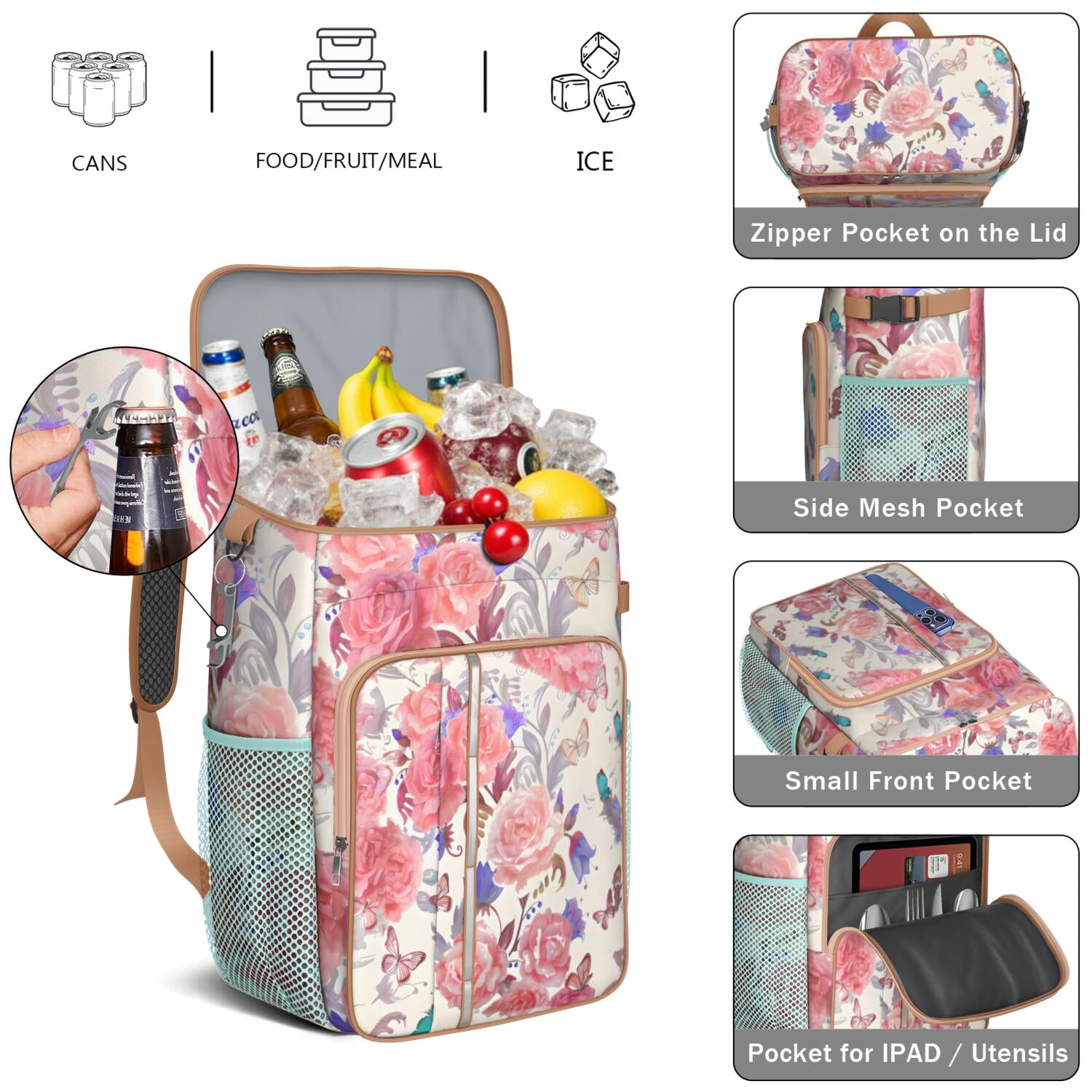 Travel Cooler Bag - Pioneer Flower Floral Print Pattern Camping Beer Cooler Backpack with Bottle Opener- Waterproof Insulated Picnic Backpacks - Cooler Bag for Beach