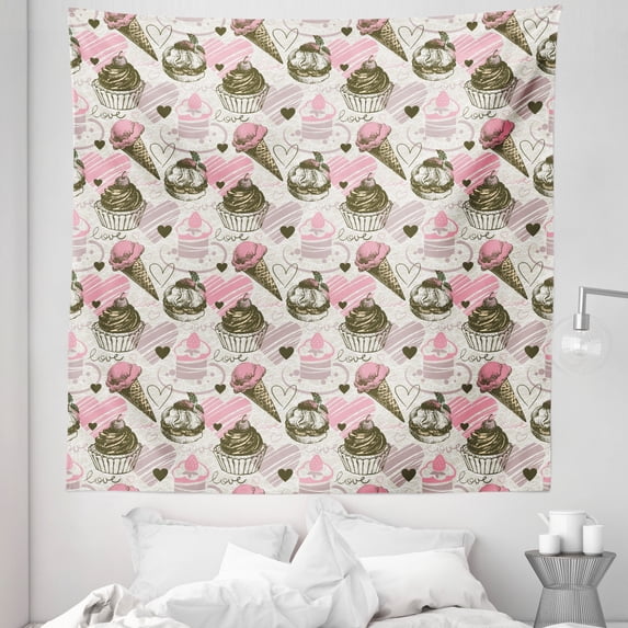 Ice Cream Tapestry, Grunge Style Cupcakes with Murky Heart Love Romance Illustration, Fabric Wall Hanging Decor for Bedroom Living Room Dorm, 5 Sizes, Army Green Pale Pink, by Ambesonne