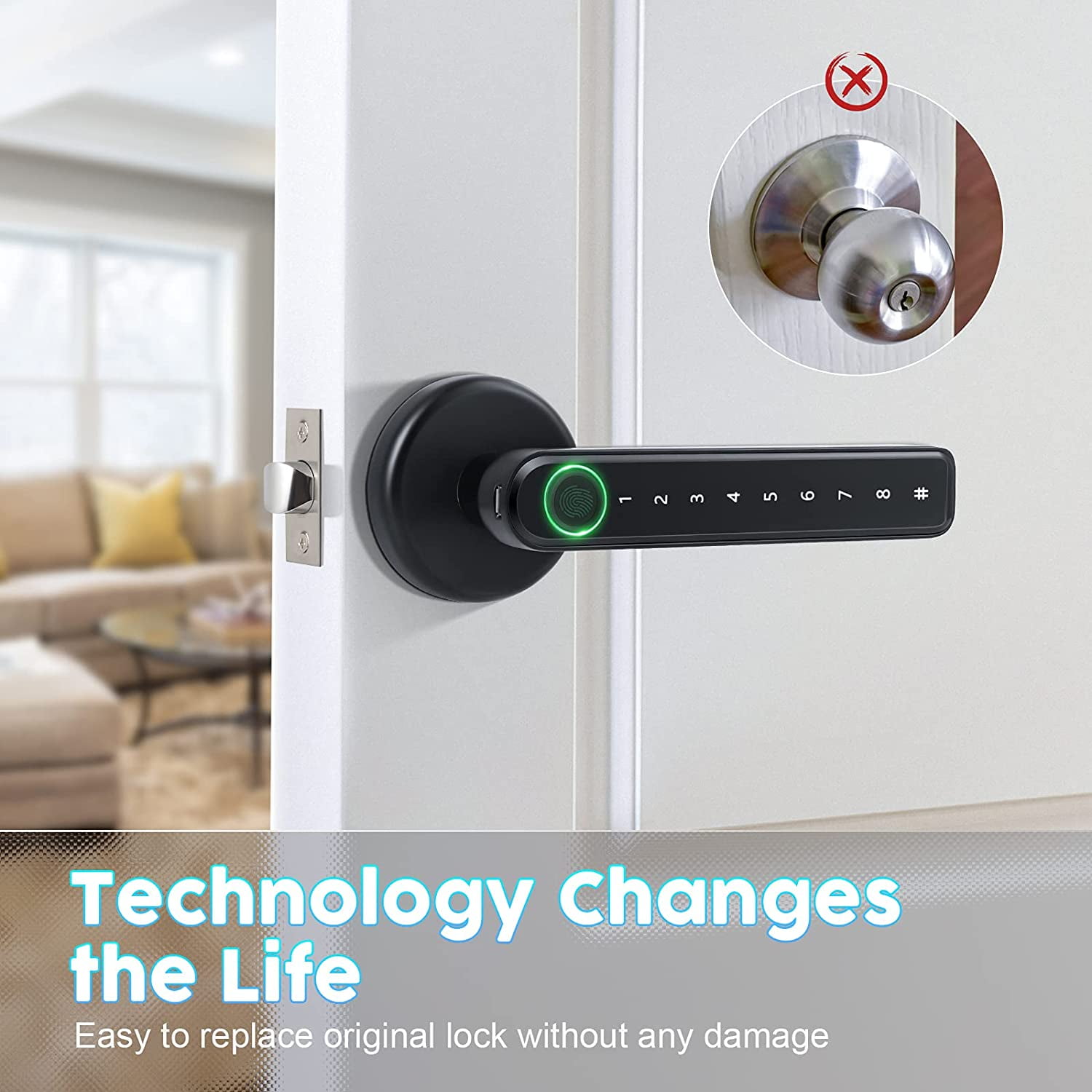 Fingerprint Smart Door Lock Door Knob with Keypad Keyless Entry Door Lock with Handle for Home Hotel Office Apartment