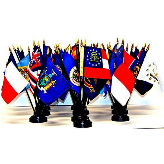 MADE IN THE USA!! 50-STATE WORLD FLAG SET with Bases--50 Rayon 4"x6" Flags, One Flag for Each State and ten 5-hole bases; 4x6 Miniature Desk & Table Flags, Small Mini Stick Flags