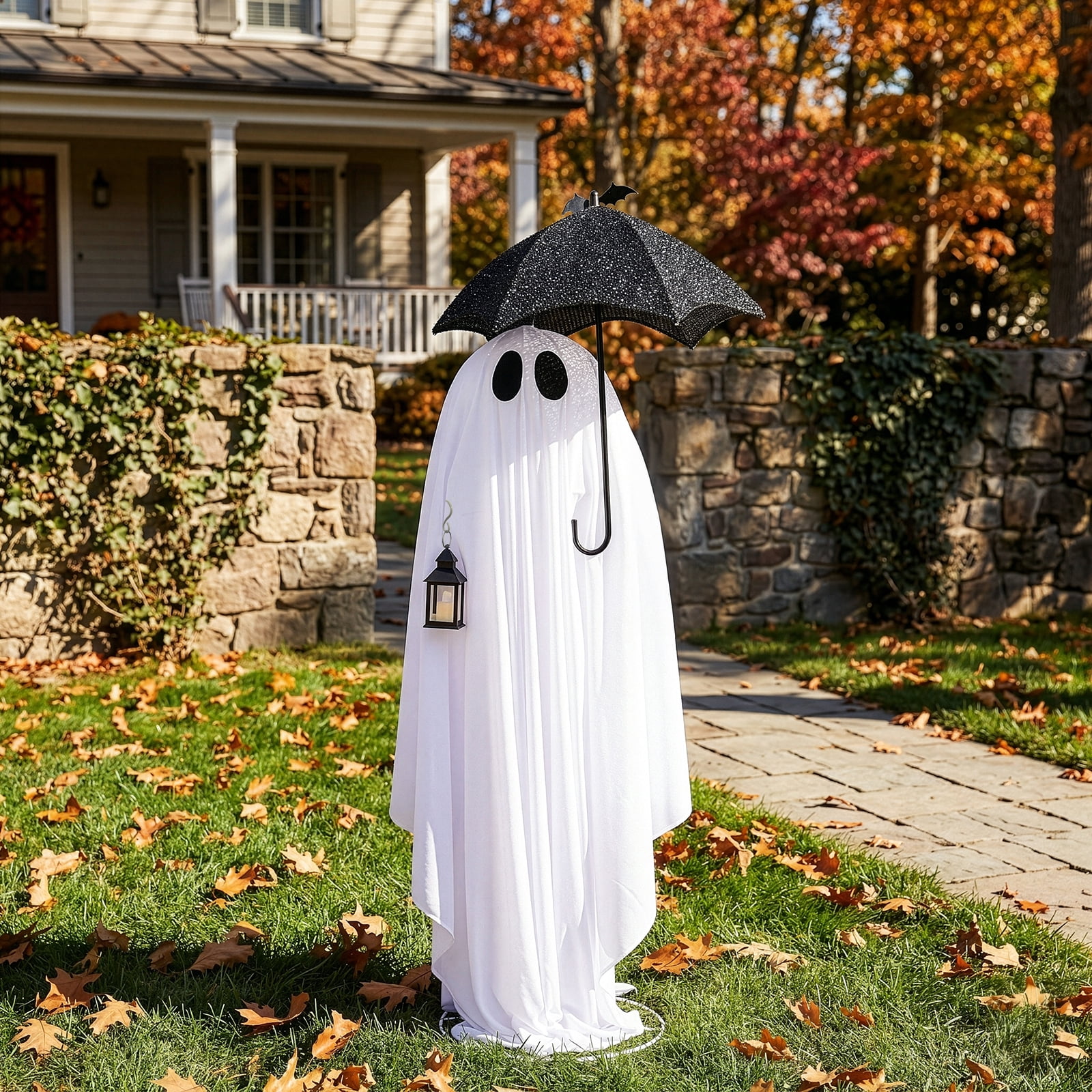 Astoutdoor 5 ft Black and White Umbrella Ghost Halloween Decoration with 100 Warm White LED Lights, 30V 3.6W Adapter, Indoor Outdoor Light-Up Decor