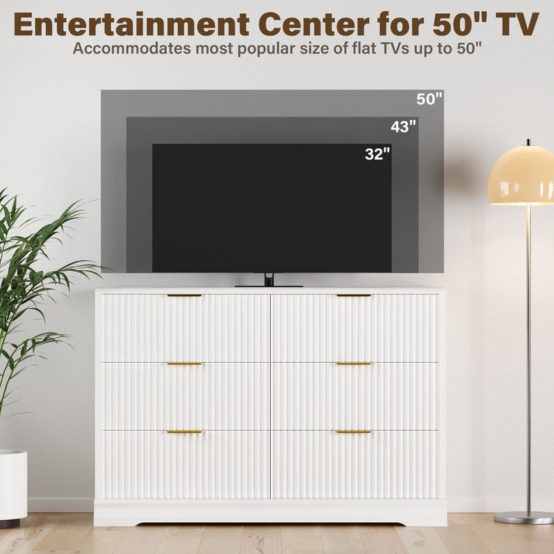 Lacoo 6 Drawer Fluted Dresser, Modern Ribbed Chest of Drawers with Gold Handles, Large Storage Dresser TV Stand for 50" TV