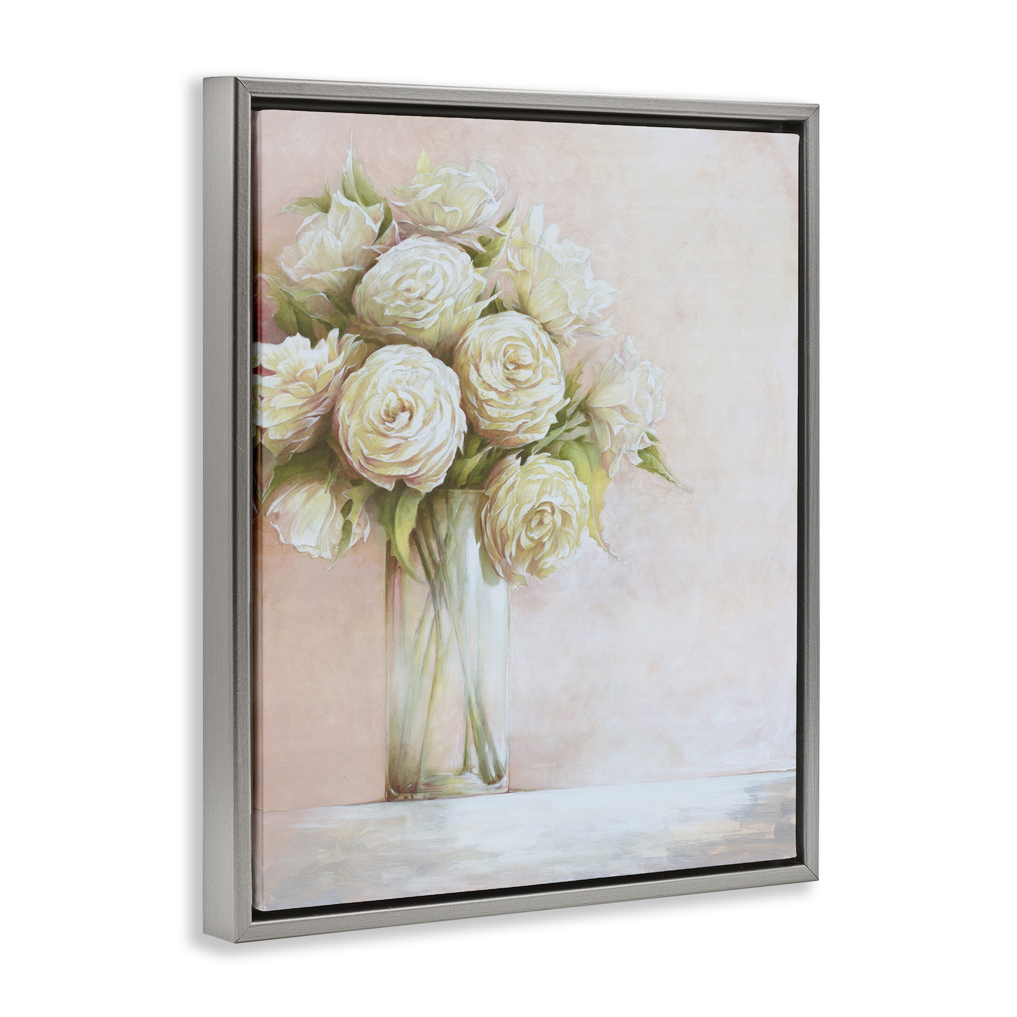 Stupell Industries Romantic Roses Bouquet Botanical & Floral Painting Gray Floater Framed Art Print Wall Art, 17 x 21