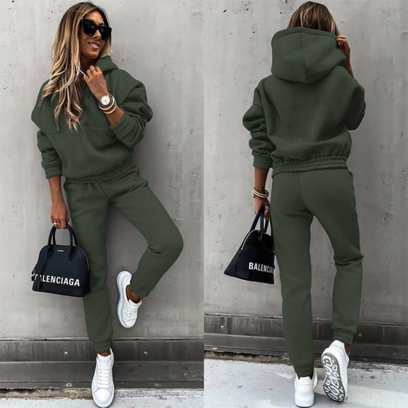 VIWORLD Casual Hoodie and Jogger Set - Women's Winter Solid Color Sweatsuit for Cold Weather Comfort Dark Green，S