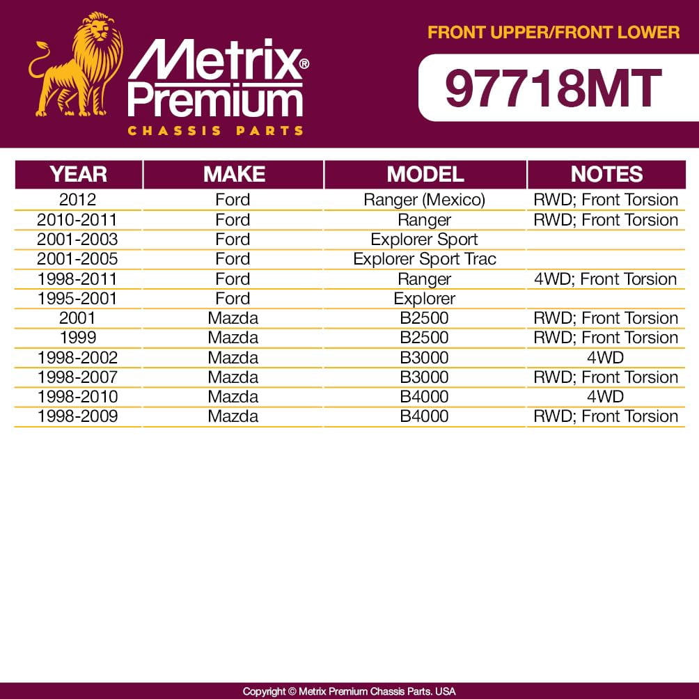 Metrix Premium Chassis Parts - 4 PC Front L/R Upper Control Arm & Front Lower L/R Ball Joint Kit Fits 10-11 Ford Ranger, 01-03 Explorer Sport, 98-10 Mazda B4000, RK8708 RK8710 K8695T