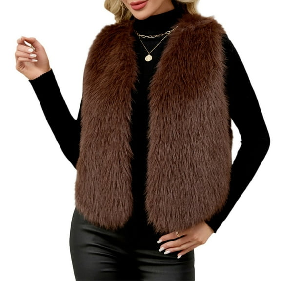 Stichou Women's Fuzzy Faux Fur Sleeveless Vest Teddy Coats Open Front Plush Waistcoat Outerwear Khaki XL