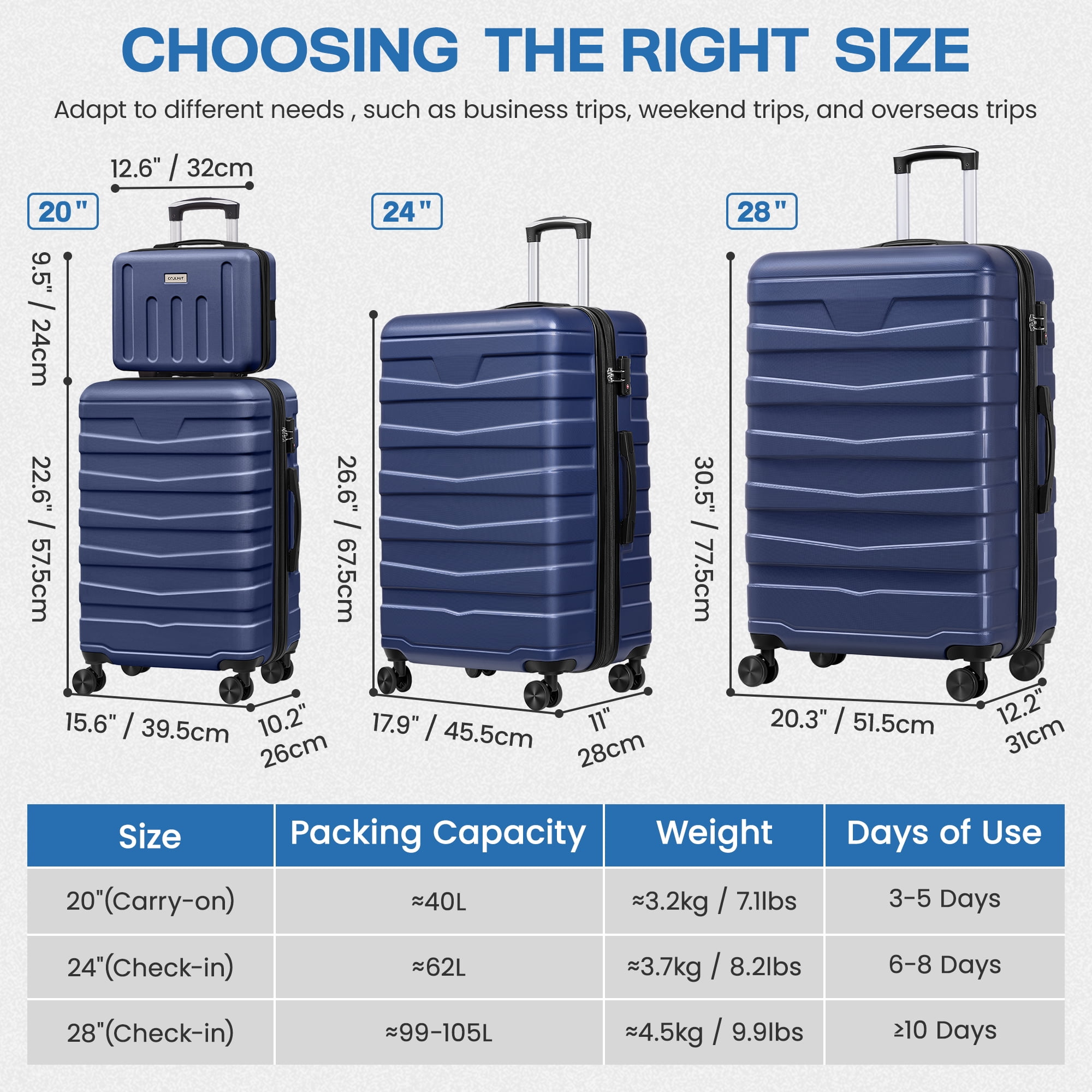 AMZFUN 28 Inches Carry On Luggage, Lightweight ABS+PC Hard Case Suitcase With 360° Rotating Silent Wheel, With TSA Lock, Airline Approved Luggage, Navy Blue