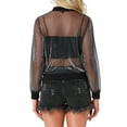 thumbnail image 3 of INSPIRE CHICBomber Jacket for Women's Sheer Mesh Glitter Shiny Long Sleeve Zip Up Jackets L Black Silver, 3 of 5