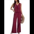 thumbnail image 1 of Conjunto de 2 Piezas para Mujer, Chaleco con Cuello en V y Cintura con Lazo, Pantalones Casuales de Pierna , Color Vino Tinto , Talla M, 1 of 9