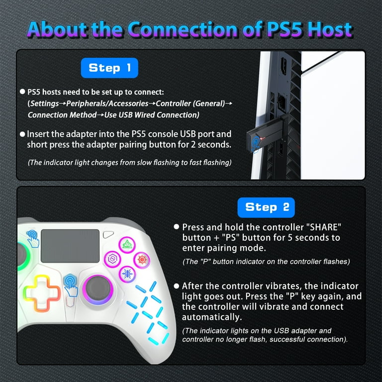 Wireless Controller for PS5, with LED RGB Light Compatible with