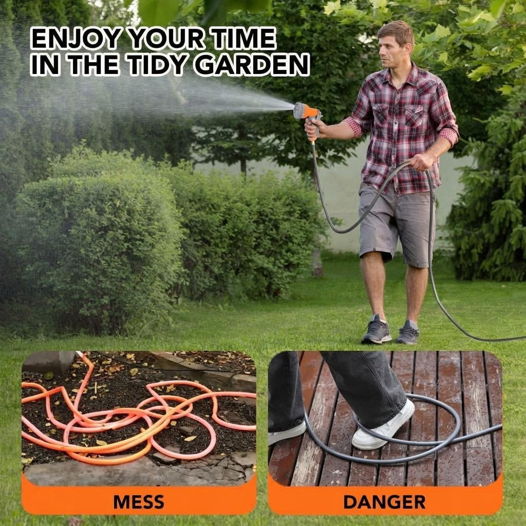 AIKKYS 100ft Retractable Garden Hose Reel with Auto Rewind,180° Swivel Bracket & 9-Pattern Nozzles,Any Length Lock Wall-Mounted Water Hose Reel