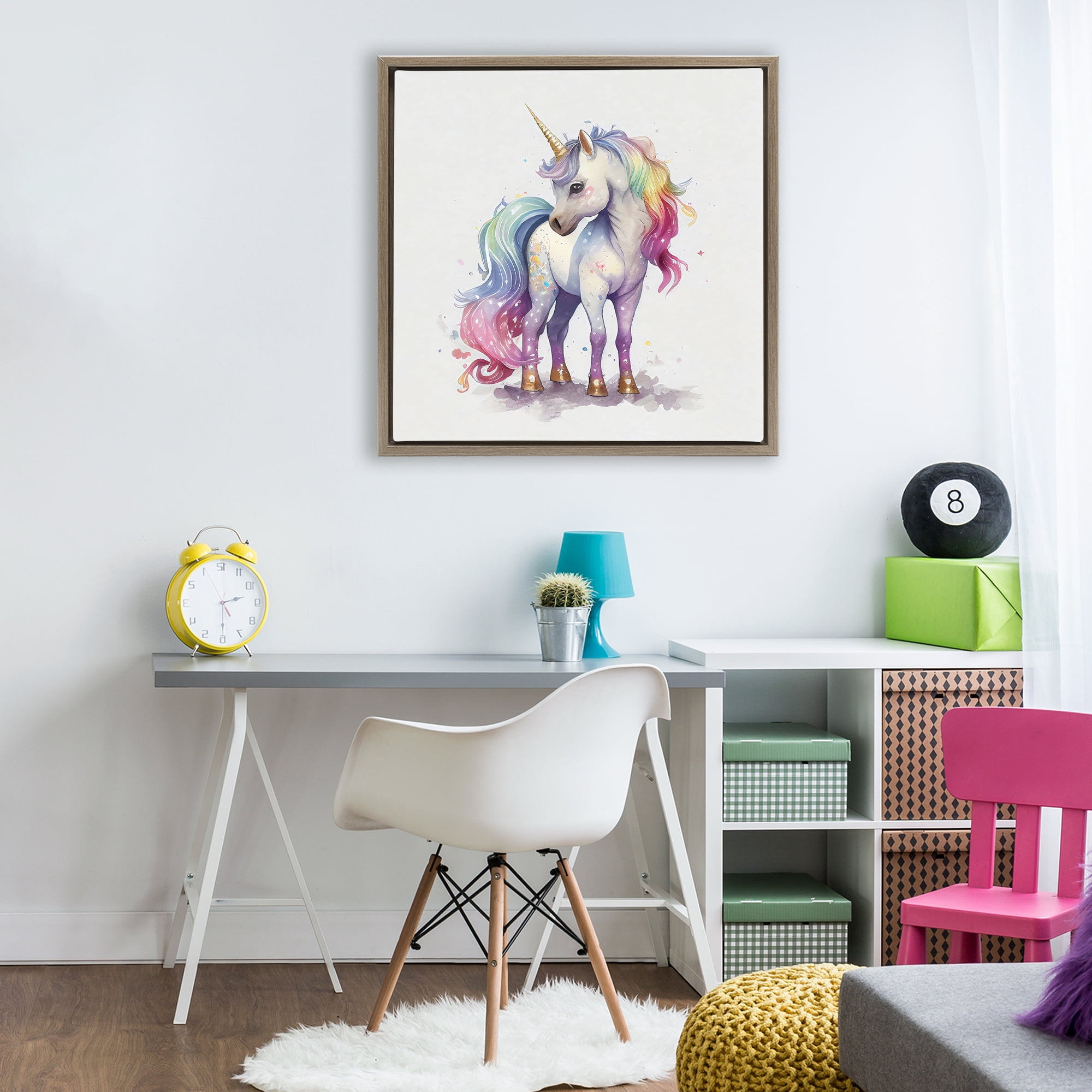 Stupell Industries Watercolor Unicorn & Rainbow Mane Brown Framed Floater Canvas Wall Art, design by Creative Studio