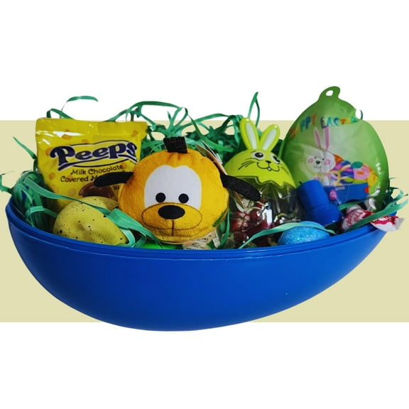 Happy Easter Basket Pre-Filled Surprise Jumbo Egg w/ Pluto Dog Plush Toy Kids Boys Balloon Stamper Eggs Peeps Candies & Reusable Plastic Egg-Shaped Container Spring Party Favors (Contents Vary)