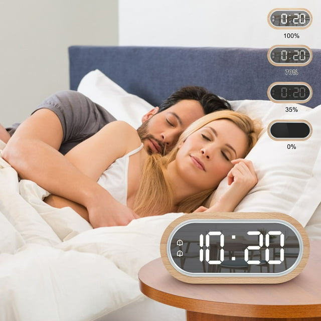 Xihbxyly Reloj Despertador de Madera, Pantalla Led con Efecto Espejo, Retroiluminación Ajustable, Función de Alarma Doble, Visualización de Temperatura Interior, Modo Nocturno Suave, Decoración Moder