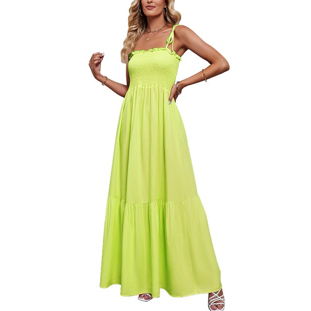 Vestido de tirantes Diseño plisado de moda Color puro Vestido de tirantes finos para mujer para vacaciones Playa Verde fluorescente M