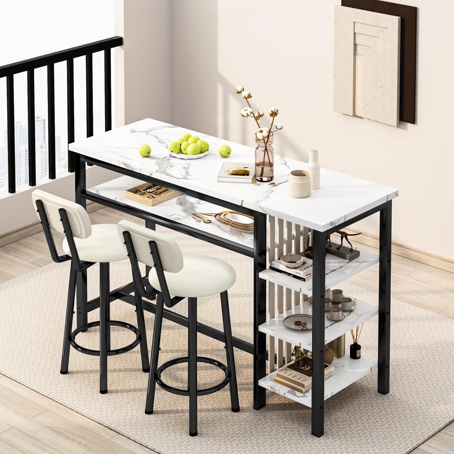 Cvortll Bar Table and Chairs Set, Kitchen Counter with 3 Tier Storage Shelves,3-Piece Faux Marble Table with 2 PU Cushion Bar Stools,Black Legs