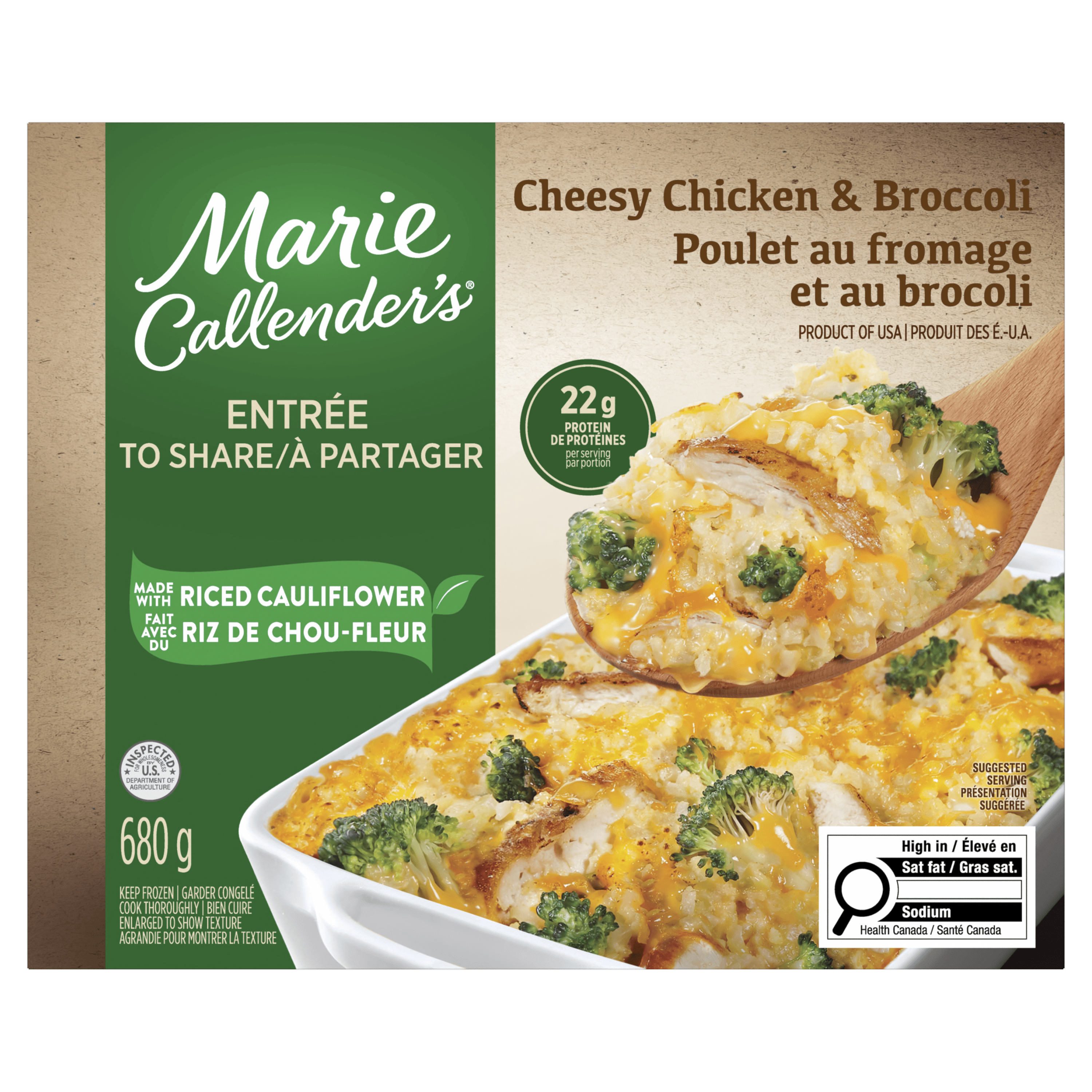 Marie Callender's Cheesy Chicken & Broccoli Frozen Dinner, Made with riced cauliflower, grilled chicken breast with broccoli florets in cheese sauce, Cheesy Chicken & Broccoli Frozen Meal, 680g