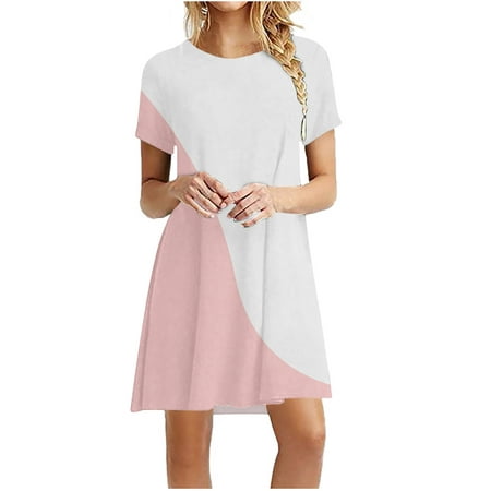 

Summer Dresses for Women Patlollav Woman Casual Color-Blocking Print Short-Sleeve Round-Neck Dress