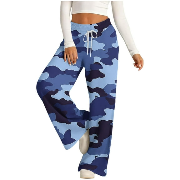 LEBONYARD Womens Trousers High Waisted,Women's Fashionable Printed Drawstring Wide Long Pants with Pocket Casual Trousers Blue S