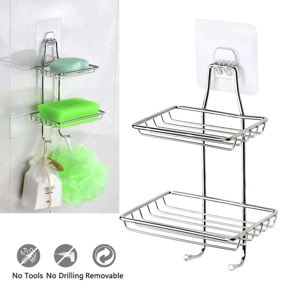 Spencer Stainless Steel Shower Caddy Hanging, Self Adhesive Soap Tray for Bathroom Kitchen, Soap Holder with Hooks for Towels, Sponge