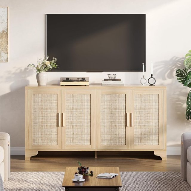 Four Door Storage Cabinet, Natural Rattan Side Table for Dining Room, Bohemian Style Coffee Table for Living Room, Oak Entryway Console Table