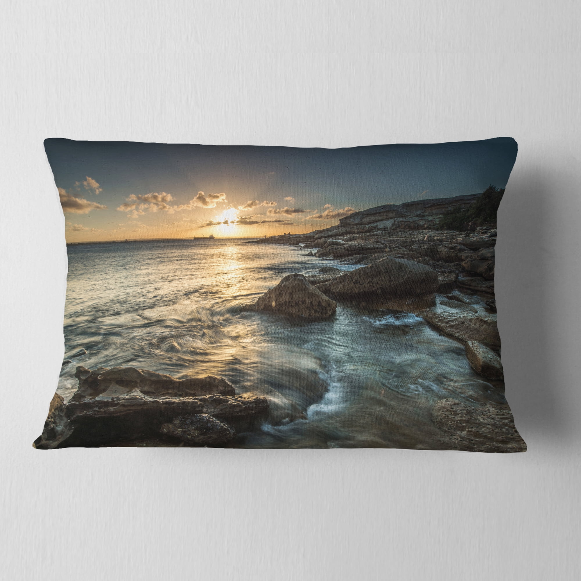 Designart Sydney Beach with Bright Sunset - Seascape Throw Pillow - 12x20