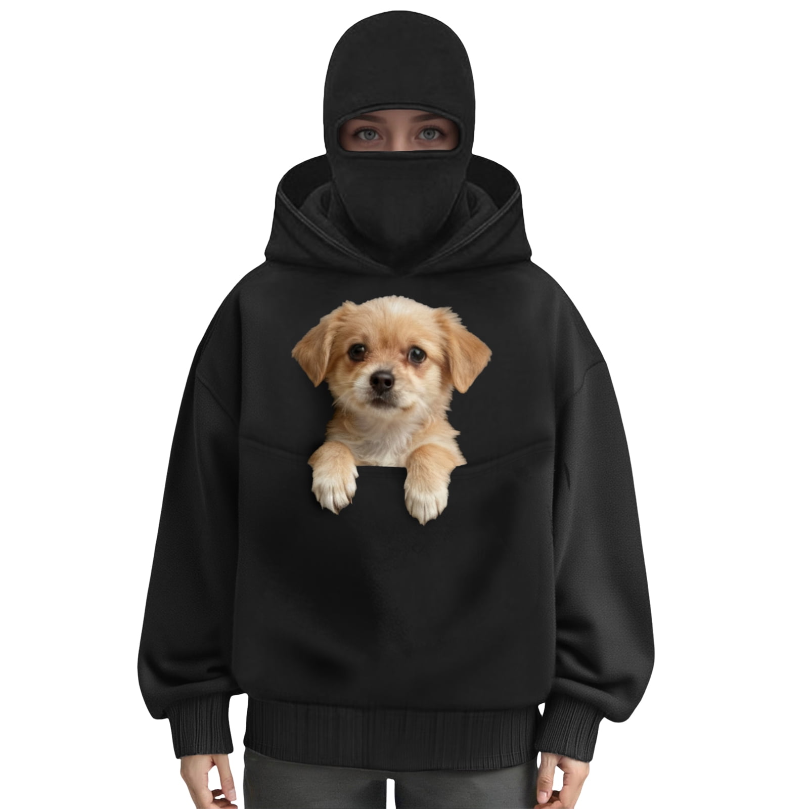 idosla Balaclava Ninja Hoodie with Built In Balaclava Unisex Women Long Sleeved Warm Pet Pocket and Winter Streetwear Sportswear Hoodies (Black, L)