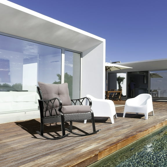 Outsunny Outdoor Wicker Rocking Chair with Padded Cushions, Gray