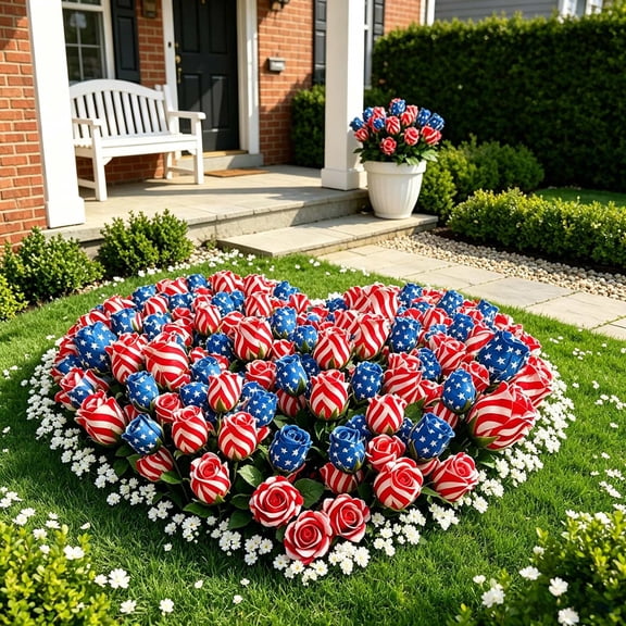 DAMAI 14 Inch Red White Blue Flowers, 4th of July Patriotic Artificial Silk Rose Bouquet with Stars Stripes & Flag Themed Design, Independence Day Memorial Day Home Decor Centerpiece