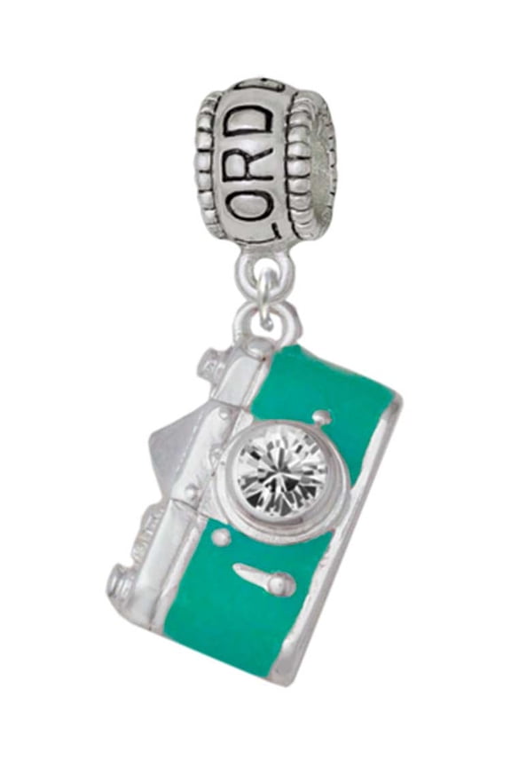 Silvertone Teal Camera Lord Guide Me Charm Bead