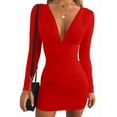 thumbnail image 1 of Women'S Long Sleeve V Neck Ruched Bodycon Mini Party Cocktail Dress Red S, 1 of 8