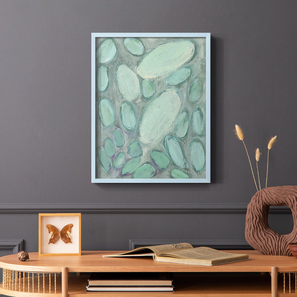 Blue Orbs II Framed Print in Blue Solid Wood Framed Print No Nail Hanging