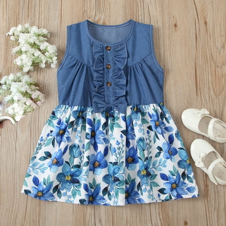 

SDJMa Toddler Kid Baby Girl Sleeveless Denim Patchwork Floral Princess Dress Clothes
