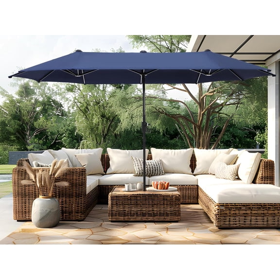 13ft Outdoor Market Umbrella Double-Sided Twin Large Patio Umbrella with Crank, Navy Blue