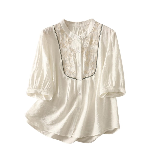 Vestidos Casuales Para Mujer, Blusas De Mujer De Moda Blusa de lino sintético con botones bordados para mujer, manga 3/4 y cuello alto