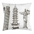 thumbnail image 1 of Travel Decor Throw Pillow Cushion Cover, Leaning Tower of Pisa Japanese Temple and Brazil Statue Architecture Culture Print, Decorative Square Accent Pillow Case, 20 X 20 Inches, Dust, by Ambesonne, 1 of 2