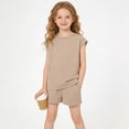 thumbnail image 4 of Girls 2 Piece Outfits Set Solid Color Round Neck Short Sleeve Top and Drawstring Shorts Set Summer Casual Loungewear Comfortable Clothing Sets with Pockets, 4 of 10