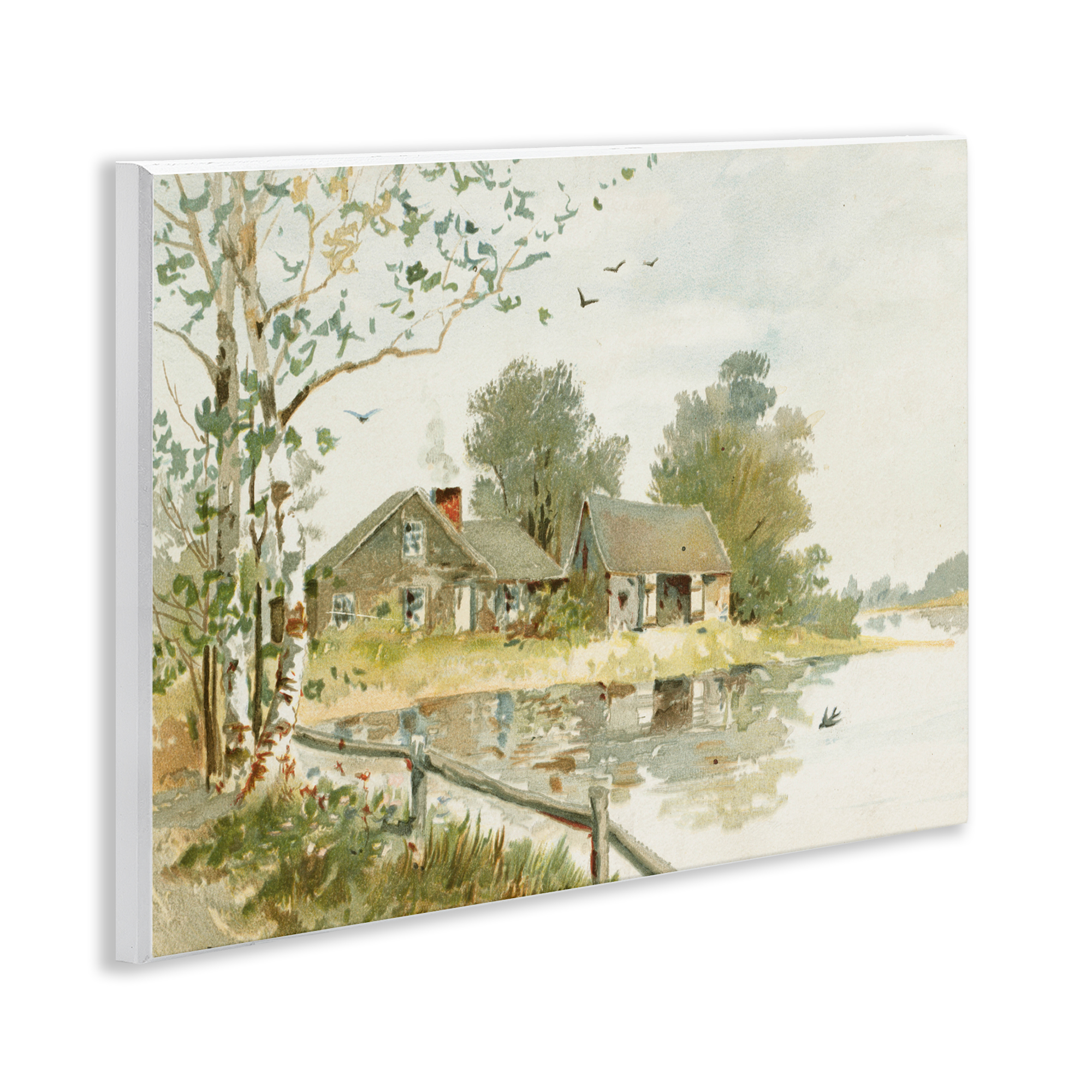Cabin Along River's Edge Wall Plaque Art, design by Lettered and Lined